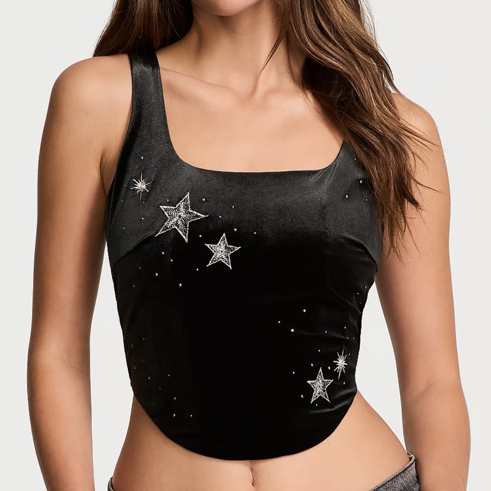 Victoria Secret Velvet Star Corset Tank Black Celestial Crop Top Small